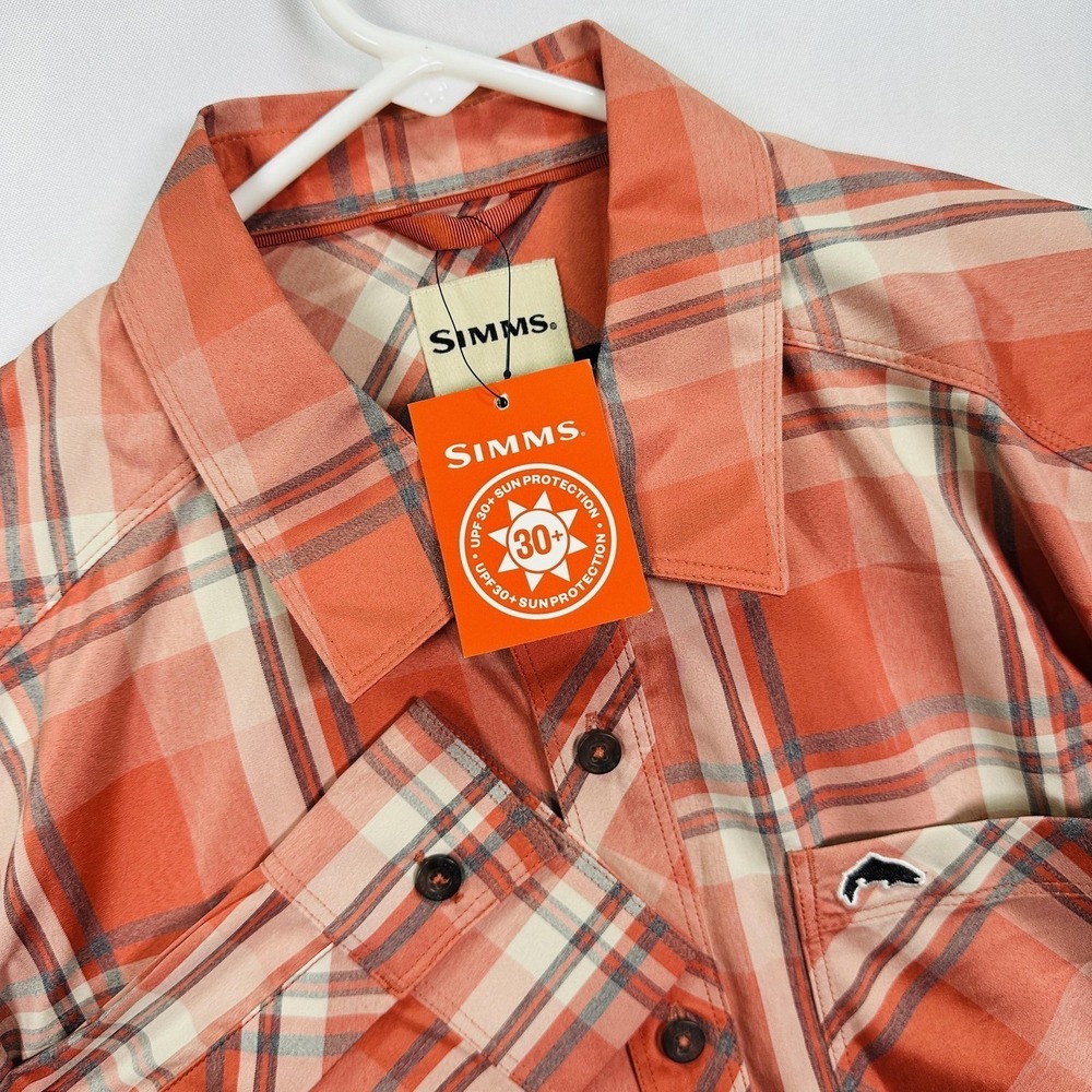 Simms Mens Medium Plaid Fishing Shirt Orange Red UPF Long Sleeve Button Down NEW